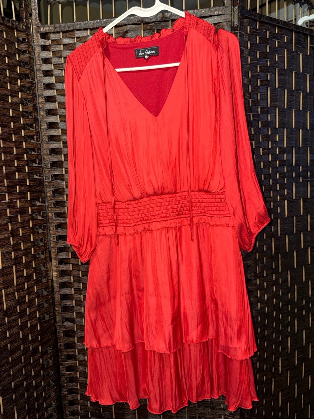 Sam Edelman Vibrant Red V-Neck Tiered Long-Sleeve Dress